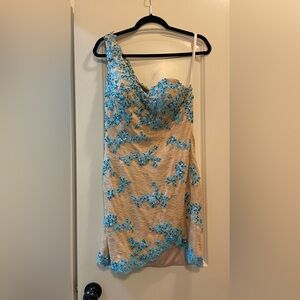 Blue and tan one shoulder cocktail dress. worn one time. size 7-8